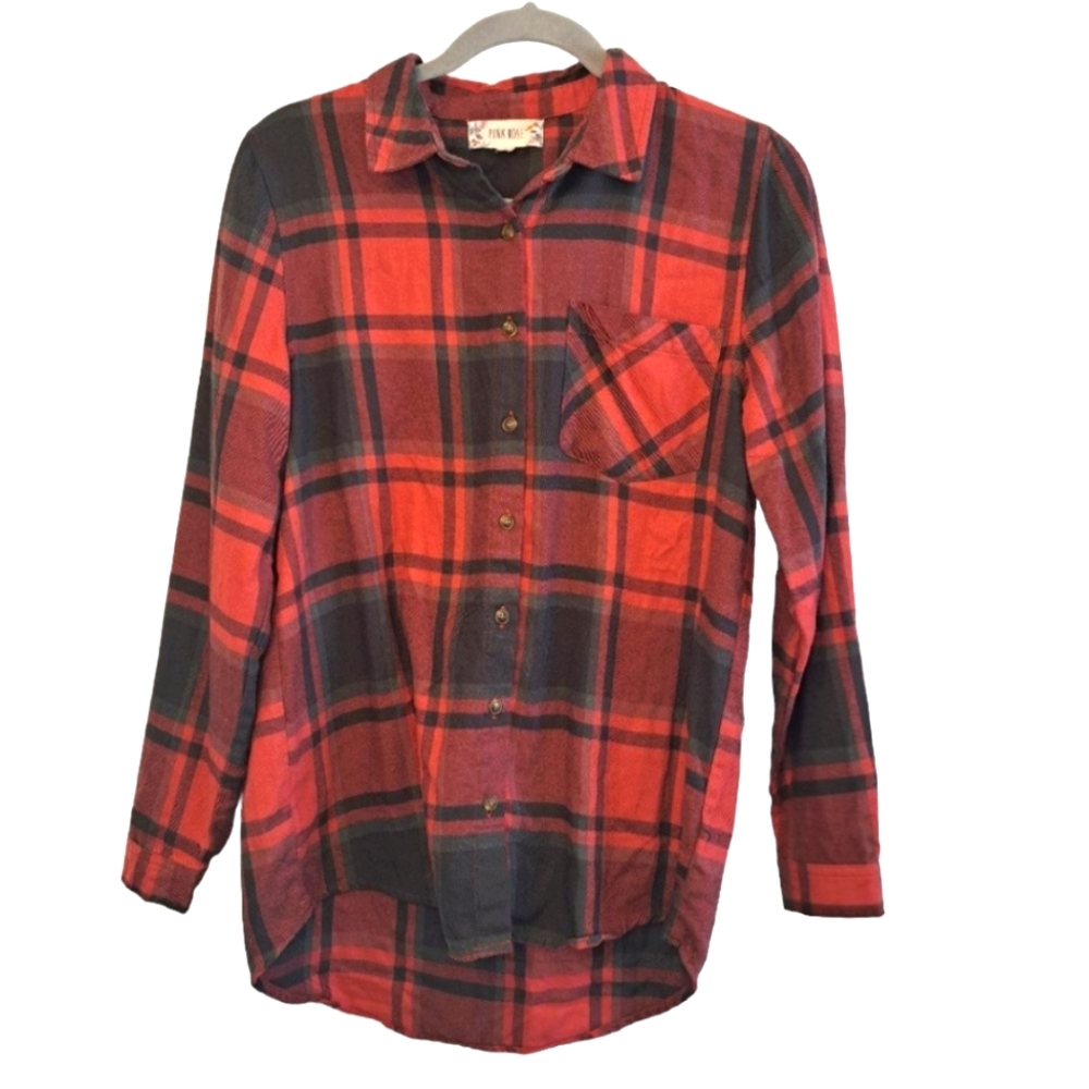 Pink Rose Black and Red Plaid Button-Up Shirt Size Small